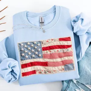 [Sale Up To 50%] American Flag Sweatshirt, FAUX Quilted USA Tee, 4th of July Sweater Retro 250th Years Crewneck, Independence Day Mothers day Mom Gift, streetwear graphic tee