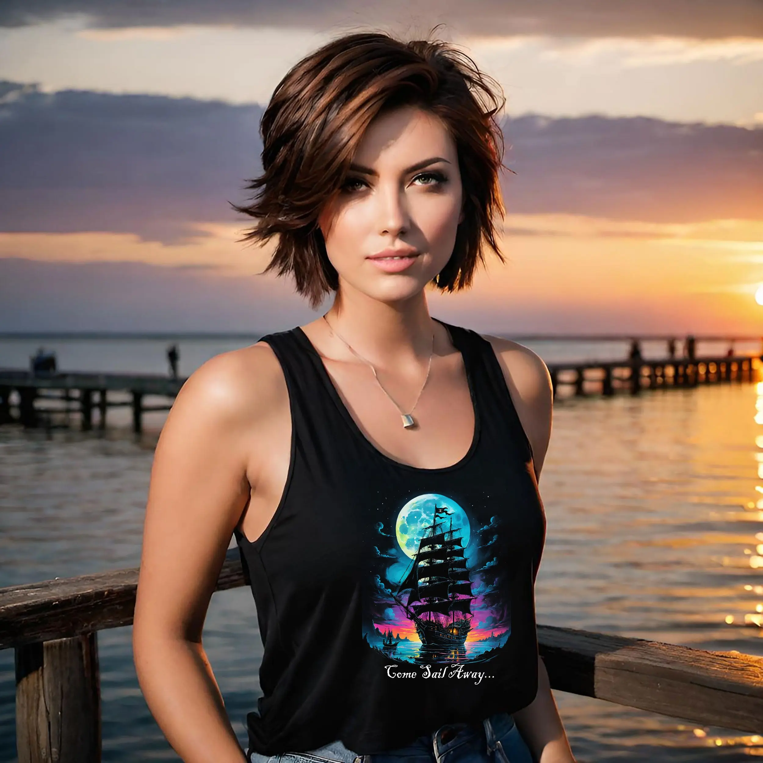 Pirate Ship Tank Top, Unisex Jersey, Nautical Enthusiasts Gift, Salt Life Tee, Pirate Lover Shirt, Sunset Moon Beachwear