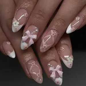 Bow Press on Nails French Tip Almond With 3D Pink Flowers Pearls Designs - False Full Cover Stick on Acrylic Artificial Nails for Women 24Pcs