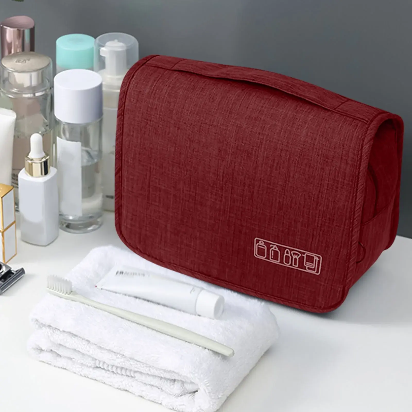 2026 Waterproof Hanging Travel Toiletry Bag - Multiple Compartments Makeup Organizer for Shampoo, Accessories, Makeup Products & Personal Items, Dark Red