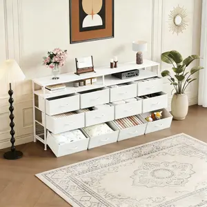 White 63 Inches Long Dresser TV Stand with 12 Drawer for Bedroom - Chest of Drawers with Open Shelves - Entertainment Center with Storage for Living Room