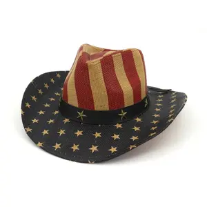 Men's American Flag Cowboy Hat, Stars Western Tea-Stained USA Shape-It Brim