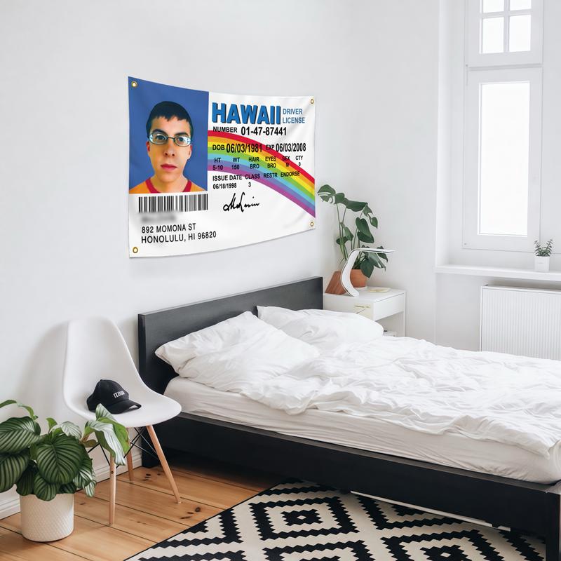 Hawaii ID Flag Fake Driver License 3x5 ft Mclovin Tapestry, Polyester with 4 Brass Grommets, Mc Loving Funny flags Poster for College Dorm Outdoor Banner