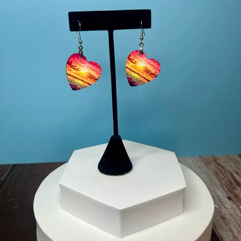 Mommamels Creations Sublimation MDF heart shaped sunset Earrings -1.5- Inch Double Sides with Sterling Silver Hooks