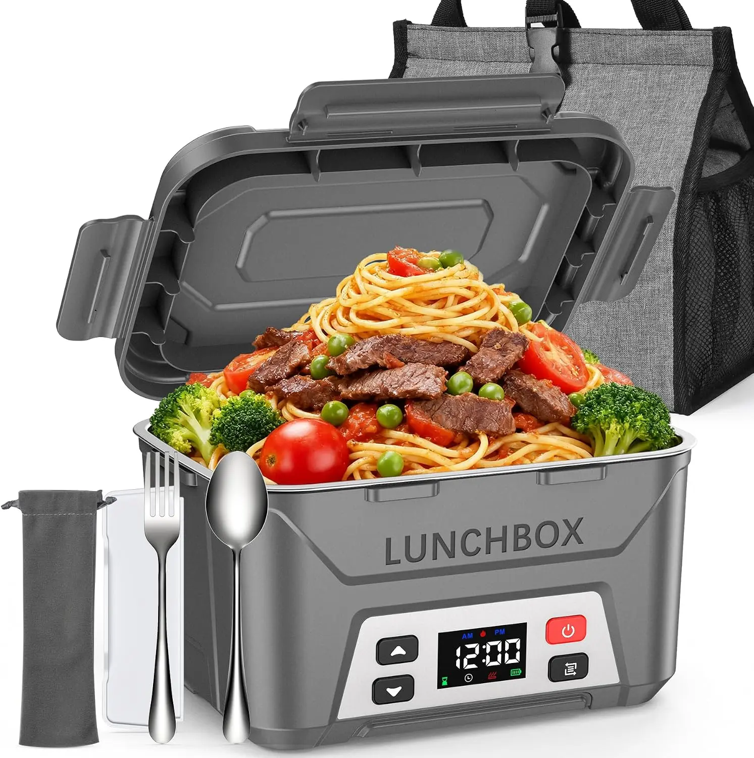 Docusvect Cordless Electric Lunch Box for Adults, Battery Powered Heated Lunch Box with Memory Function, 5.5 Cups Rechargeable Self Heating Food Heater, Portable Thermal Food Warmer for Work, Car, Camping & Travel,grey