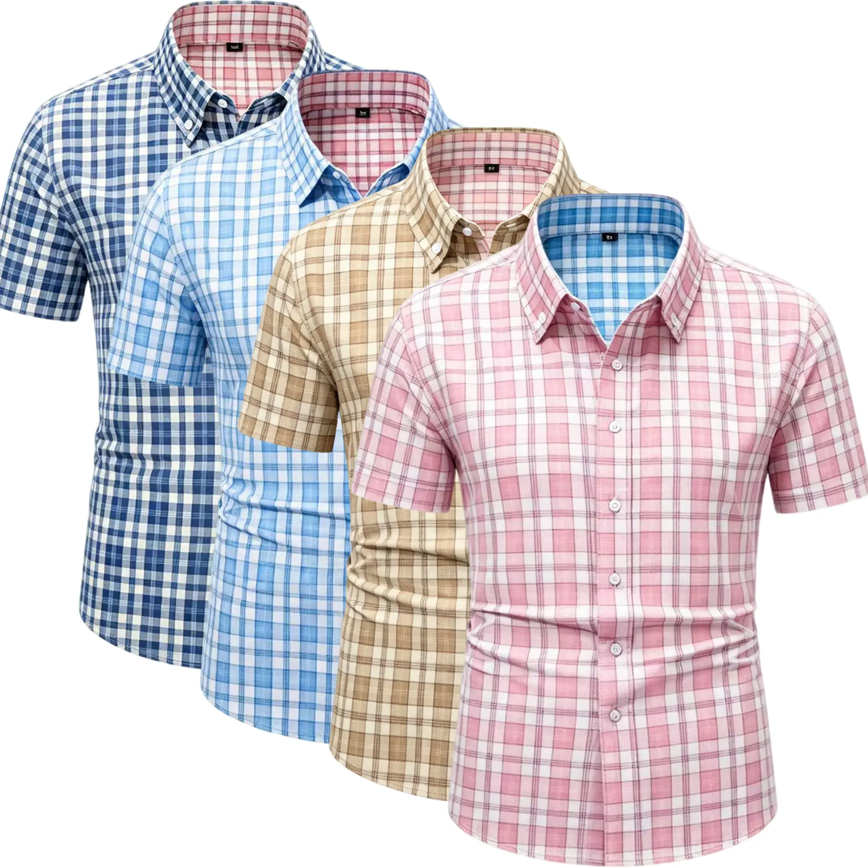 Pack of 4 — men’s short-sleeve plaid button-up shirts, slim-fit casual plaid shirt dress, lightweight and breathable summer tops—an ideal gift for fathers, husbands, and friends.