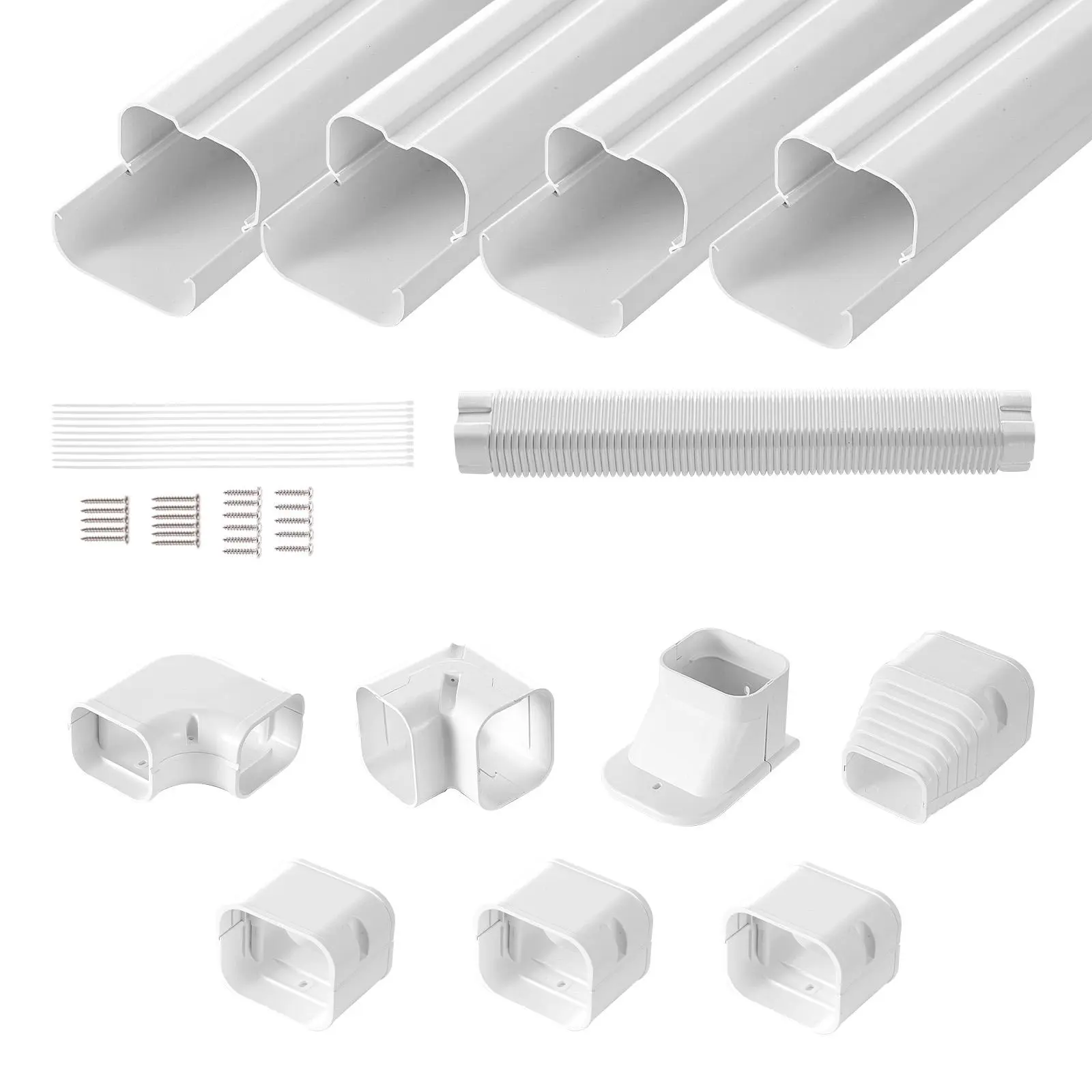 【summerfinds】VEVOR 3-in-1 PVC Decorative Air Conditioner Pipe Cover Set, 3.3ft/1004mm & 15.8ft/4830mm Lengths, 4 Straight Ducts, Full Parts, Easy-To-Install Paintable White Heat Pump Accessory