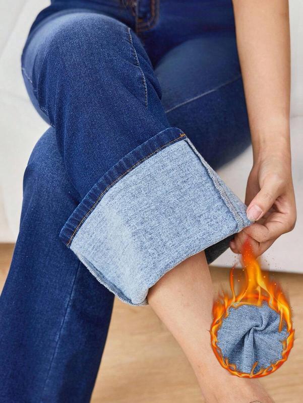 Women's Winter/Fall Pocket Flare Casual Versatile Jeans, Going Out Winter Jeans, Warm Thermal Lined Low-Rise Dark Blue Distressed Flared Pants