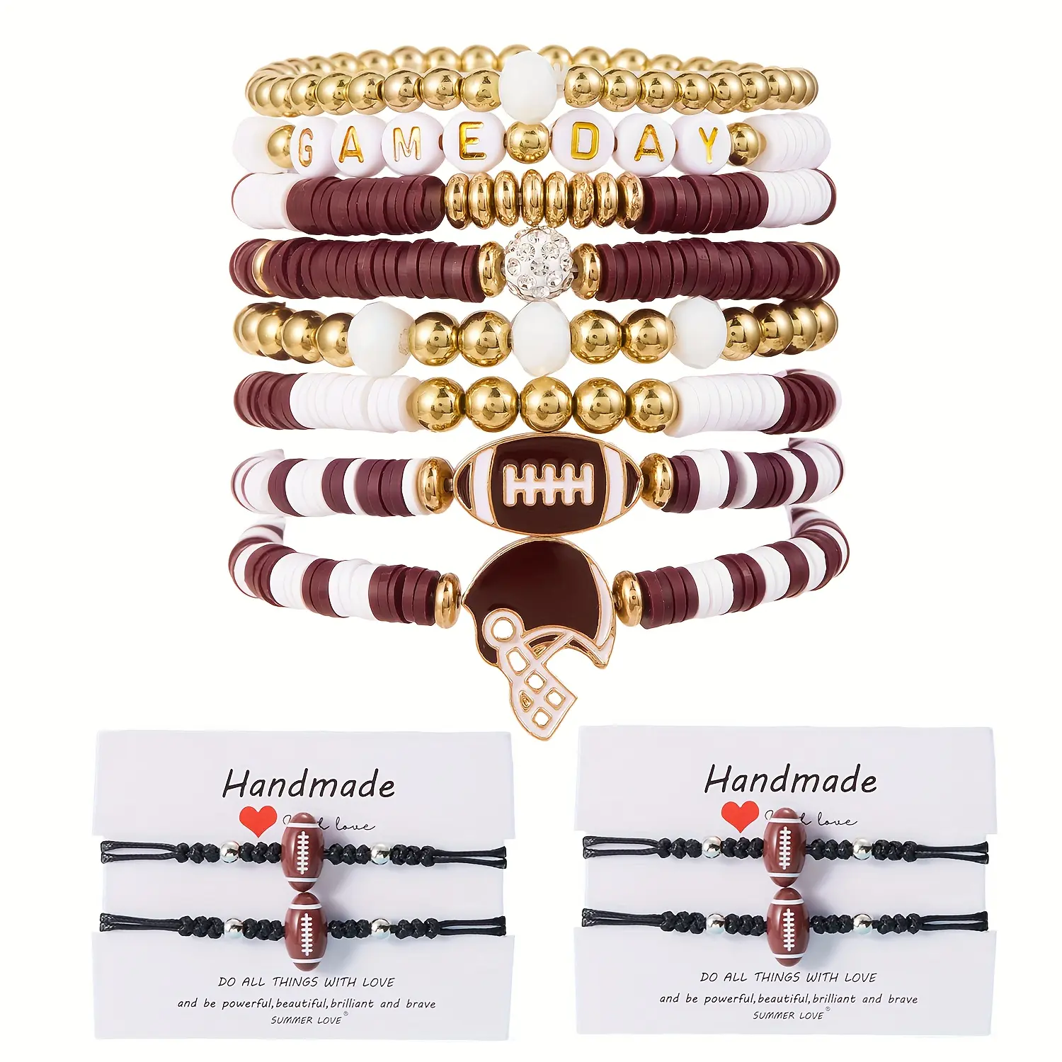12pcs Bohemian Sports Style Bead Bracelet Set | Heart & Football Pendant, Clay Beads, Letters, Game Day, Party, All Season Fashion Jewelry,summerwins