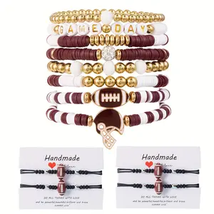 12pcs Bohemian Sports Style Bead Bracelet Set | Heart & Football Pendant, Clay Beads, Letters, Game Day, Party, All Season Fashion Jewelry