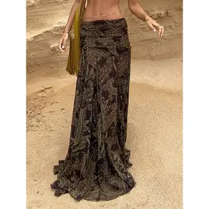 Women’s retro peach blossom print half skirt, ethnic-style pleated skirt, perfect for travel and everyday dates GARMENTARY