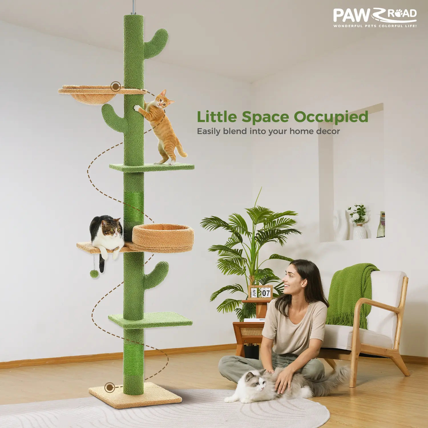 PAWZ Road Cactus Cat Tree Floor to Ceiling [87"-100"] Height Adjustable, 5 Levels Cactus Cat Tower [Diamter=4.1"] Super Robust Cat Scratcher with Perch& Hammock(Visible Acrylic Bowl Optional), Green#DealsForYouDays