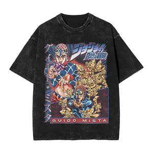 Japan Anmie JoJo's Bizarre Adventure Mista Guido Printed T-shirt Men Retro Washed Tshirts Oversized Cotton Tee Harajuku T Shirt
