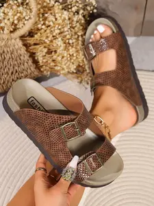 Snake Print Copper Buckle Slippers, Casual Textile Upper, Rubber Sole, All Seasons, Plain Pattern, Less Than Ankle Height