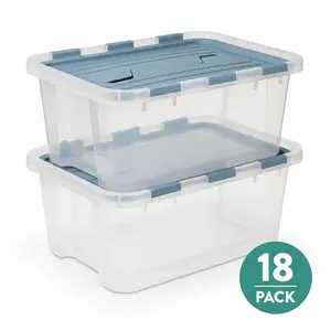 Sterilite 20 Qt Hinged Lid Storage Box, Plastic Container, Washed Blue, 18 Pack