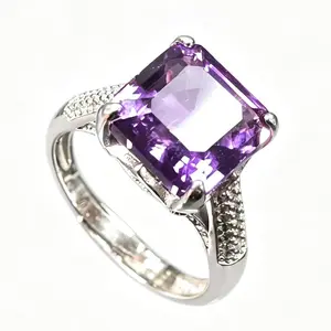 10×10mm Cushion Cut Amethyst Engagement Ring 925 Sterling Silver Adjustable | Natural Amethyst CZ Solitaire Ring