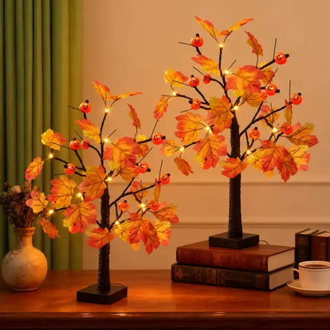 1/2-Piece Plastic Abstract Thanksgiving Artificial Tree Set - 23-inch, 24-LED Dry Battery-Powered Art Deco Holiday Lights, Easy-Install Mood Lighting for Indoor Autumn Room Decor, Christmas Decorating