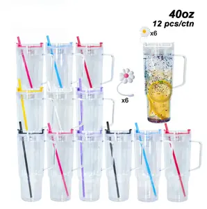 Icesip Bulk USA Warehouse 12pc/ctn 40oz Mix Color Double Wall Snowglobe Acrylic Plastic Mug with Daisy Straw Cap Perfect for Glitter DIY Crafts
