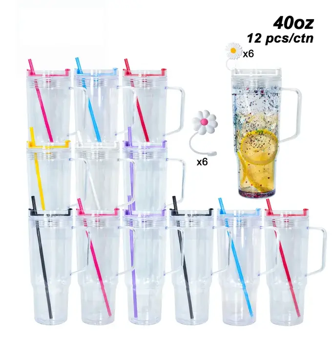 Icesip 12pcs 40oz Double Wall Acrylic Tumbler, Reusable Portable Leakproof Mix Color with Lids and Straw, Bulk Snow Globe Cups for Glitter DIY Crafts (Shipped from USA Warehouse), Bulk Packaging