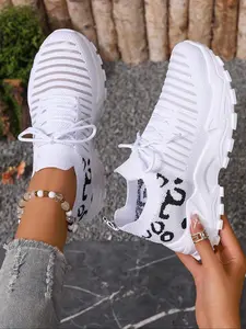 Women's Fashion Leopard Print Lace Up Low Top Sneakers, Casual Comfortable Breathable Sports Knitted Running Shoes, All-match Basic Shoes for Daily Wear, Fashionable Running Shoes