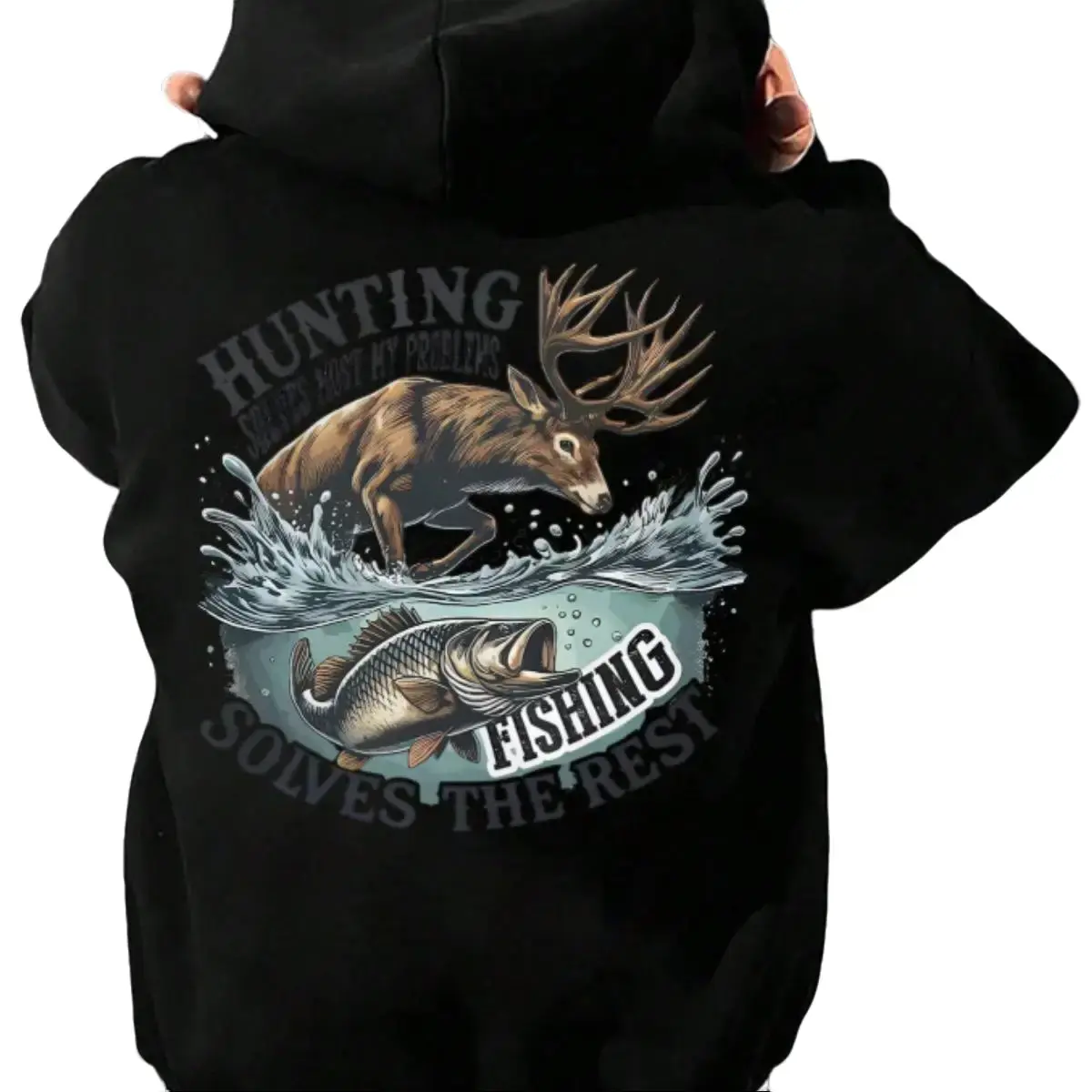 Hunting Solves The Rest Fishing Hoodie, Deer and Bass Fish Graphic Design, Outdoor Hunting Fishing Lifestyle Hoodie, Nature Sports Hoodie for Hunters and Anglers