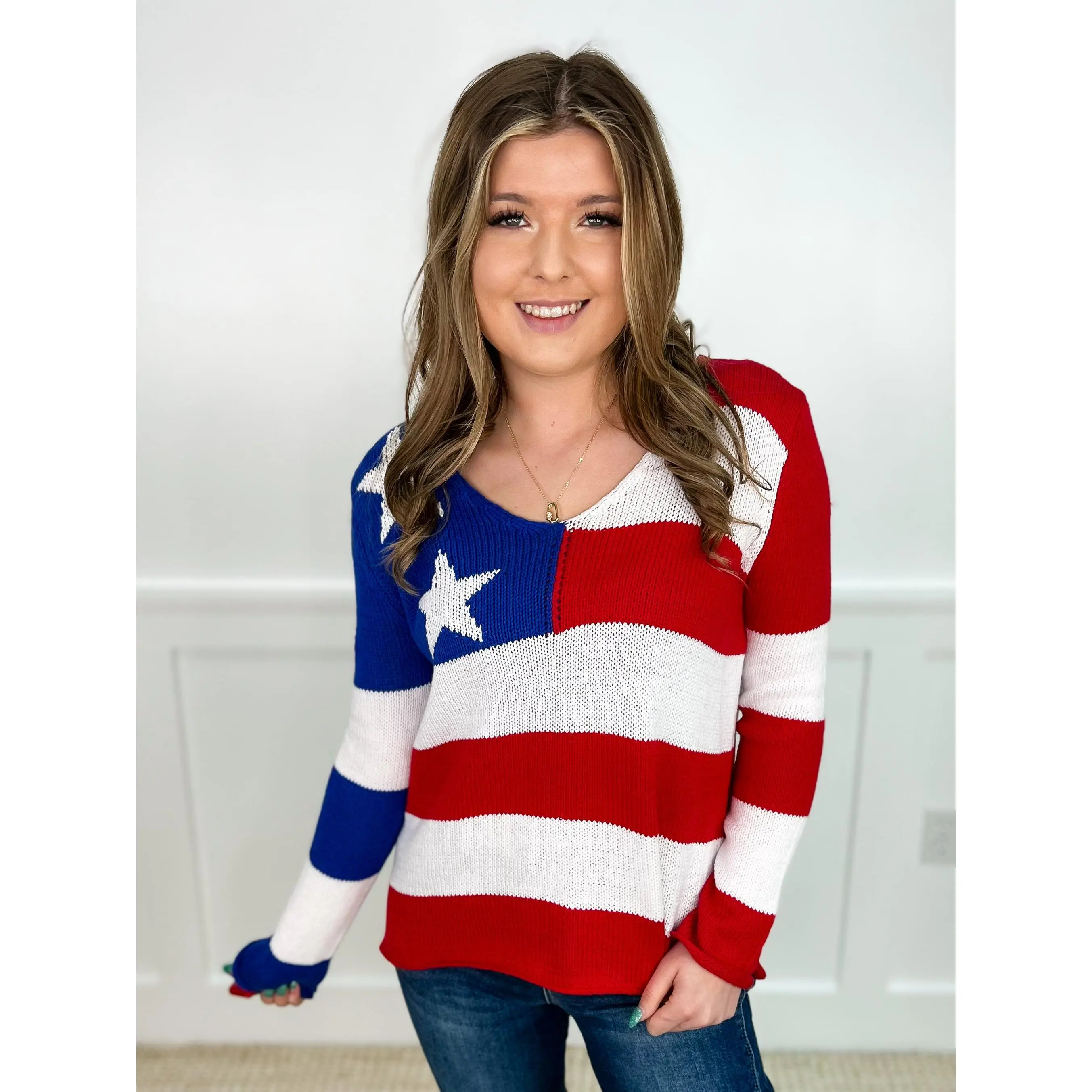 Freedom Flag Cotton Blend Long Sleeve Red Avery Mae Sweater Top