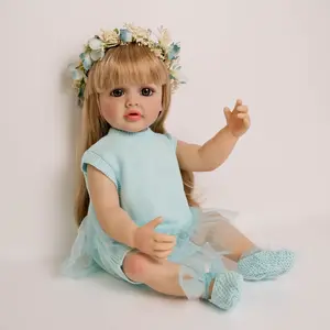 22-in Realistic Silicone Vinyl Reborn Dress Up Girl Doll, Betty, Full Body with Blonde Wig, Sparkling Blue Eyes, Sky Blue Knit Dress, Poseable Arms, Water-Friendly Design, Complete Outfit Set, Dress Up Doll Figure Dolls