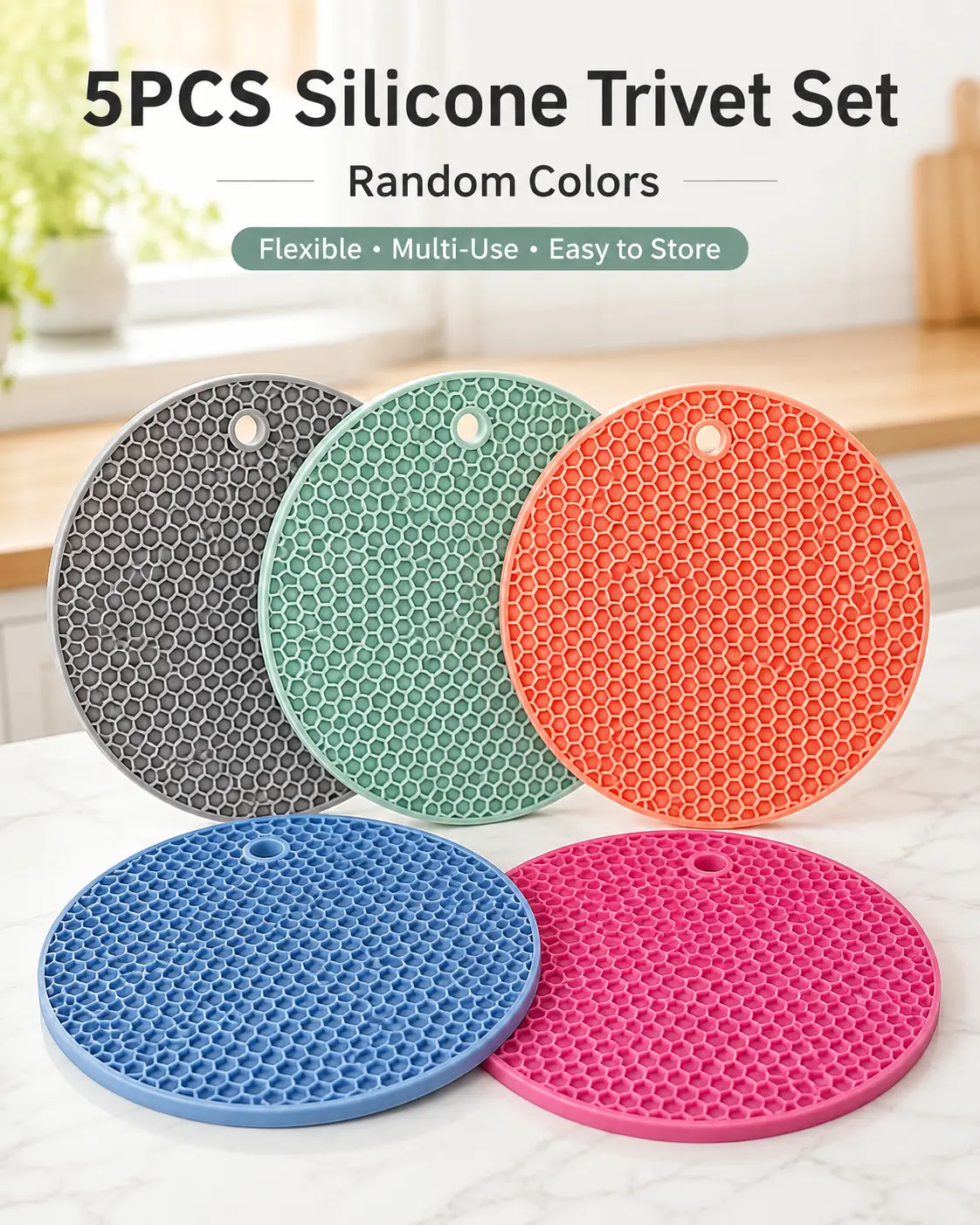 5-Piece Reusable Silicone Mat Set, Round Heat-Resistant Hot Pads & Hot Dish Coasters for Drinks, Pots, Pans, Kitchen Countertops, Assorted Colors