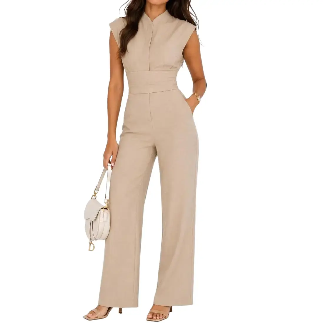 LUCEORO | Women's Khaki Jumpsuit Wide Leg Belted
