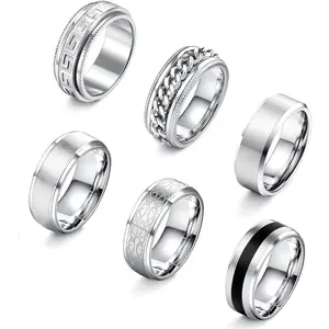 MILACOLATO 6PCS  316L Stainless Steel Mens Rings Rings for Men Women Rings Vintage Mens Thumb Rings Silver Engagement Rings Wedding Band Fidget Mens Ring Set Daily