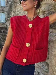 Women Red Knit Vest Sweater Button Down Sleeveless Cardigan Vintage Chunky Knitted Short Tank Top Loose Fit Fashion Fall Outfit Elegant French Style Cozy Casual Layering Tops Womenswear