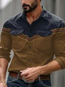 Men's western style long-sleeved shirt with navy brown splicing design and ethnic embroidery elements, showing unique personality Classic Menswear Stylish Chinos Casual Fashion Jeans Tops Traditional Beige Plain Tropical Wetsuit Cultural Embroidered Patch
