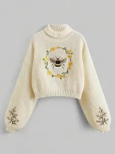 Women's Cartoon Bee Embroidery Drop Shoulder Sweater, Casual Long Sleeve High Neck Knitting Jumper for Spring & Fall, Fashion Women's Knitwear for Daily Wear