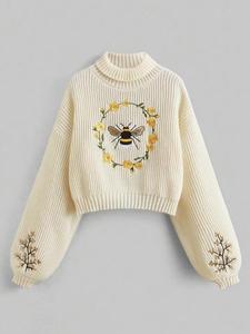 women's cartoon bee embroidery drop shoulder sweater, casual knitting long sleeve high neck jumper for spring & fall, chic knitwear for women, fashion women's knitwear for daily wear, womenswear