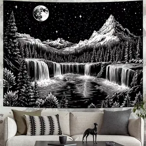 Black and White Tapestry Starry Night Mountain Tapestry Aesthetic Moon Wall Tapestry Nature Forest Tapestry Galaxy Space Tapestry Wall Hanging for Home Decor(51.2"x59.1")