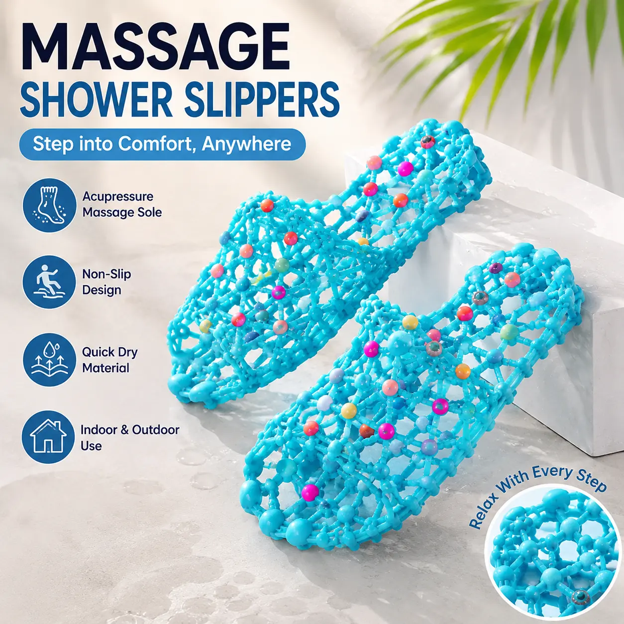 Women's Slip-On Synthetic Massage Shower Slippers - Footwear for Casual Wear, PVC Upper, Breathable, Non-Slip, Quick-Dry Indoor Bathroom Slides with Massage Sole, Summer Essential Gift for Mom