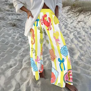 Summer Ocean-themed Printed Pants, Elastic Waistband, Yellow and White Striped Color-blocking Design, A Must-have for Vacations.