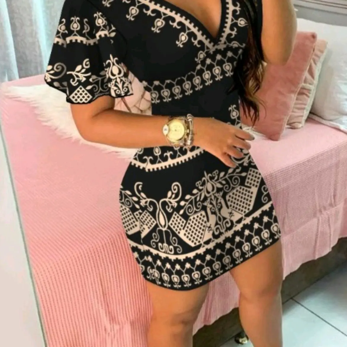 women Fashion Tribal print plunge bodycon dress Casual Comfort Breathable Womenswear Short Fit Boho Fabric Comfortable