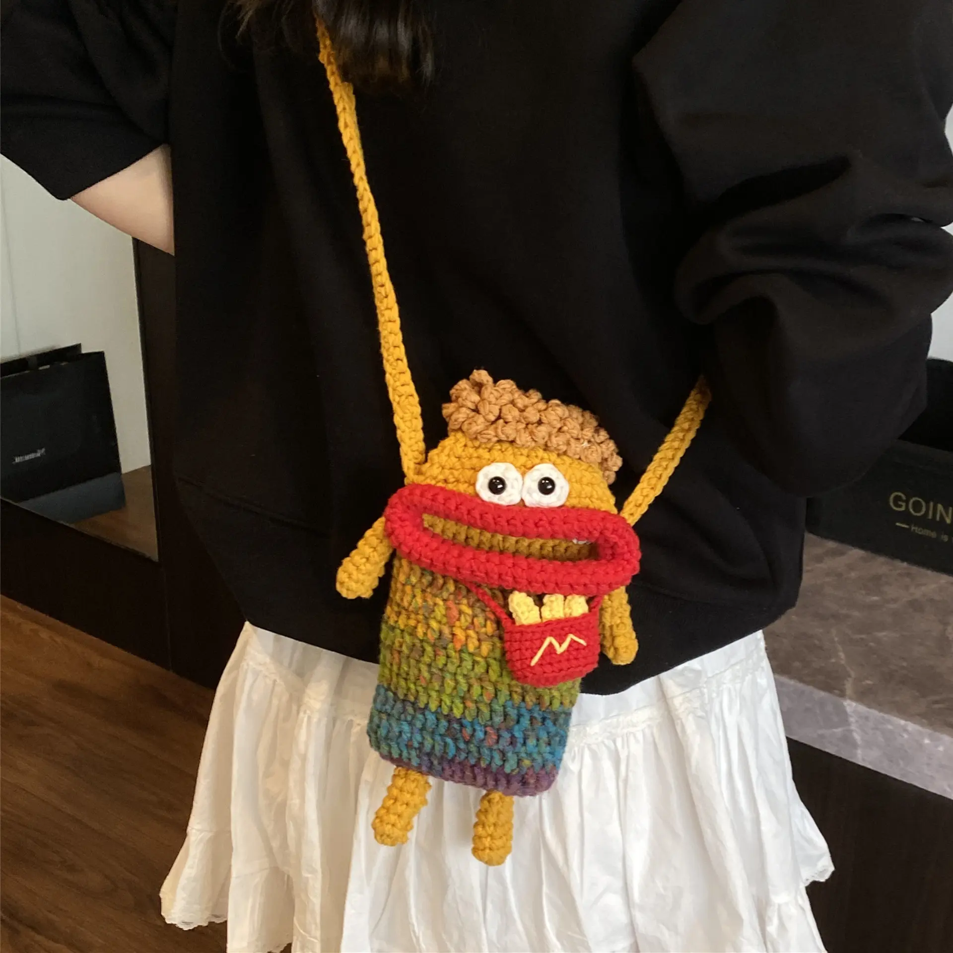 Women's Handmade Wool Crochet Quirky Sausage-Shaped Crossbody Bag with Shoulder Strap - Casual Open-Top Daily Use Phone Storage & Coin Purse (Knitting & Crochet DIY Craft Accessory)
