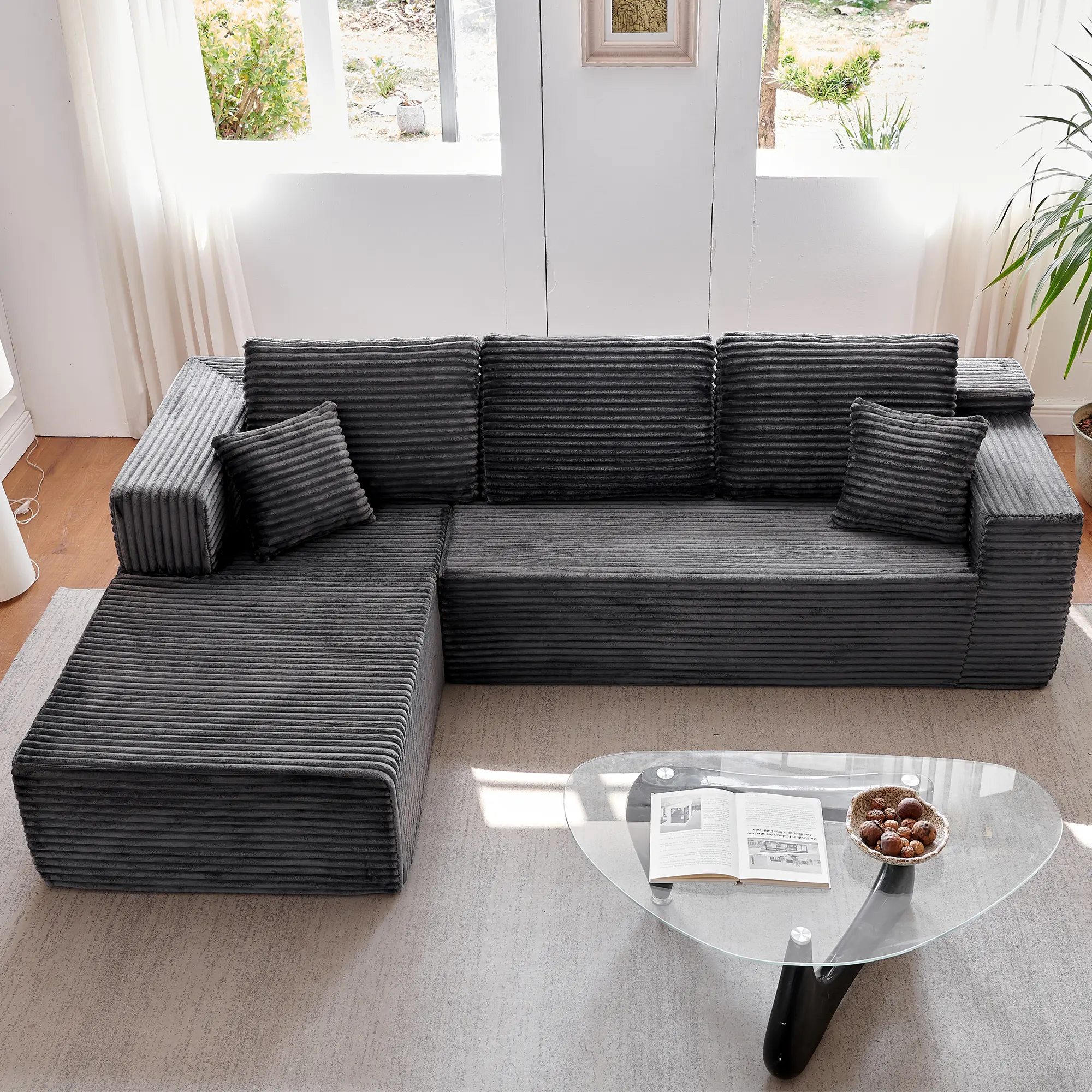 Black Plush Corduroy Left Chaise