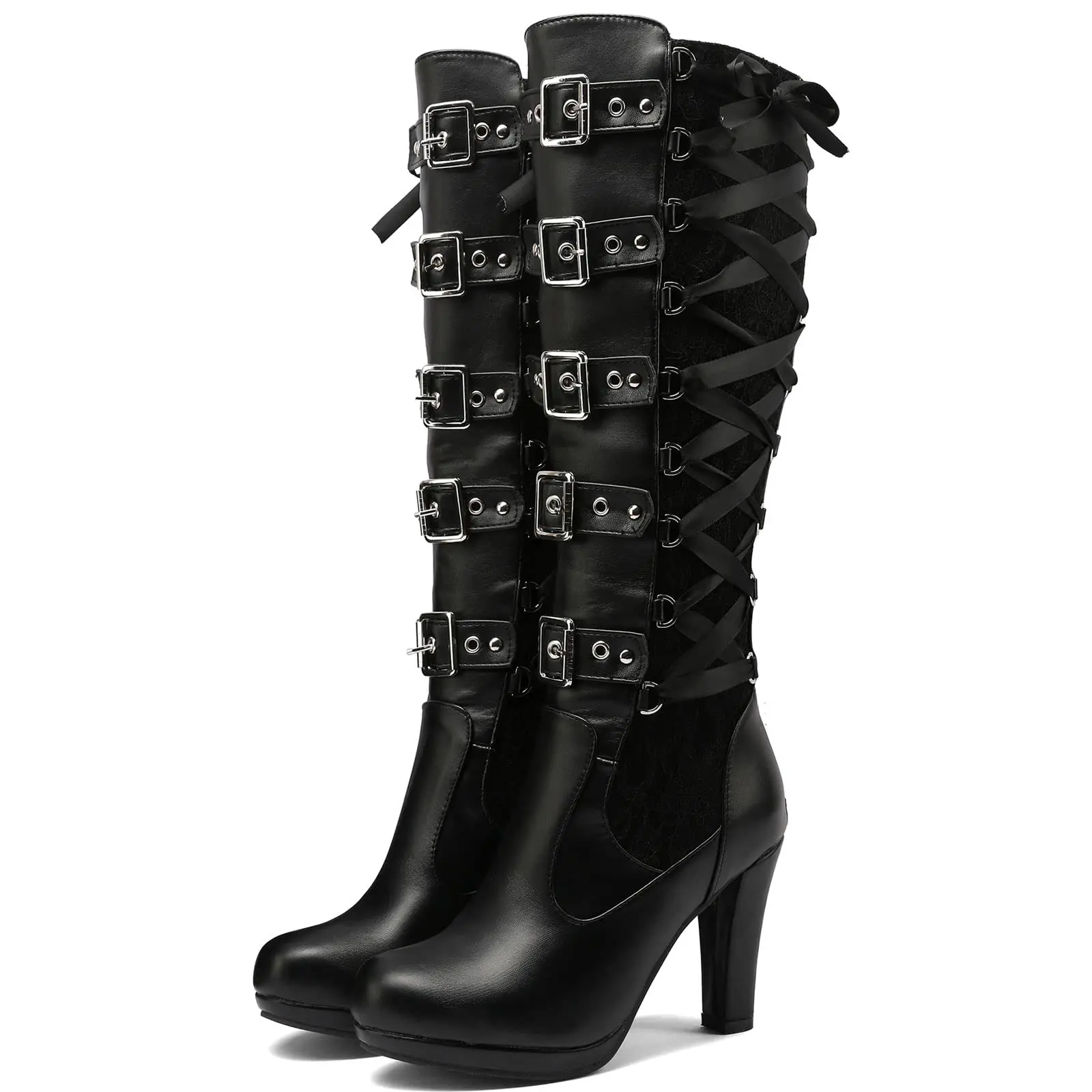 Women's Gothic Round Knee-High Closed-Toe Lace-Up Footwear - 9cm Block Chunky Heel Platform, Buckle Closure, Studded, Western-Inspired, Alternative Grunge Shoes, Rubber Sole, Zip Detail, for Wedding Bridal, Halloween Events