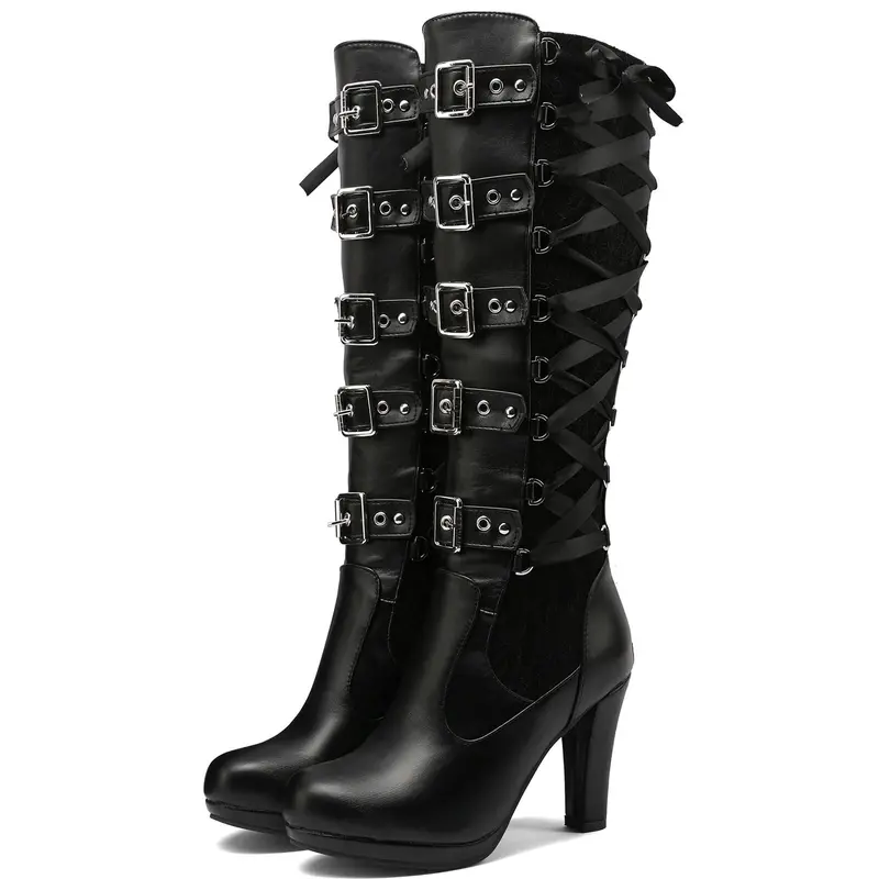 Women's Gothic Knee-High Lace-Up Footwear - 9cm Block Chunky Heel Platform, Round Toe, Buckle-Secure Fit, Studded, Cowboy Aesthetic, Grunge Avant Garde, Rubber Sole, Zip Detail, for Alt Girls Wedding Bridal