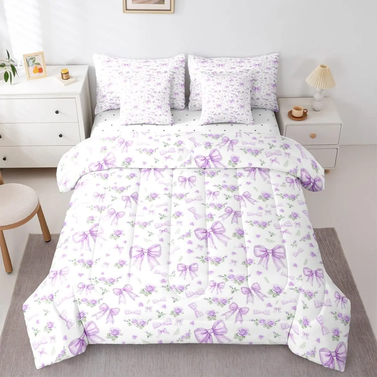 Feelyou 7-Piece Purple Bowknot Floral Bedding Set - Ultra Soft Rose Comforter, Breathable Bedsheet Sets, Cozy Chic Blanket, Airy Linens, Multi-Size for Toddler Girls, Halloween/Thanksgiving Nursery Gift, Blanket Gifts, Cozy Setup