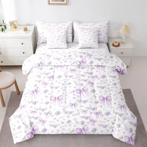 Feelyou 7-Piece Purple Bow Print Microfiber Bedding Set - Ultra Soft Rose Floral Comforter Set with Breathable Sheets, Soft Blanket, Multi-Size Option for Toddler Girls