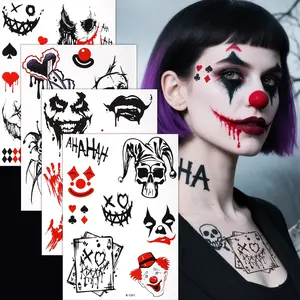 4pcs Halloween Temporary Tattoo Stickers Waterproof Clown Poker Ghost Face Tattoos for Men Women Party Body Art Fake Tattoos