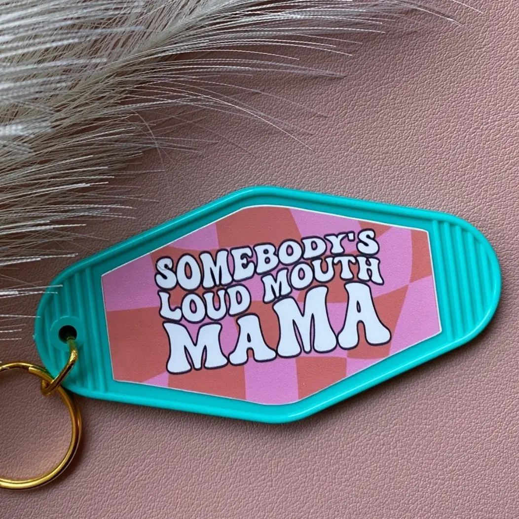 Turquoise And Bright Pink Somebody’s Load Mouth Mama Keychain - Trendy Checkered Motel Keychain - Cute Gifts For Birthday