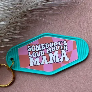 Turquoise And Bright Pink Somebody’s Load Mouth Mama Keychain - Trendy Checkered Motel Keychain - Cute Gifts For Birthday
