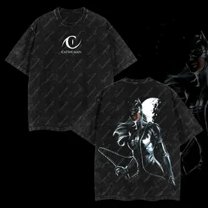 Superstyle Selina Kyle Gotham’s Feline "Cat Woman" Heroverse Edition Double Printed Oversize Lightweight Acid Washed Tee TV Series Graphic Design Top Cotton Streetwear Comic Superheroes T-Shirt Clothes Menswear Womenswear