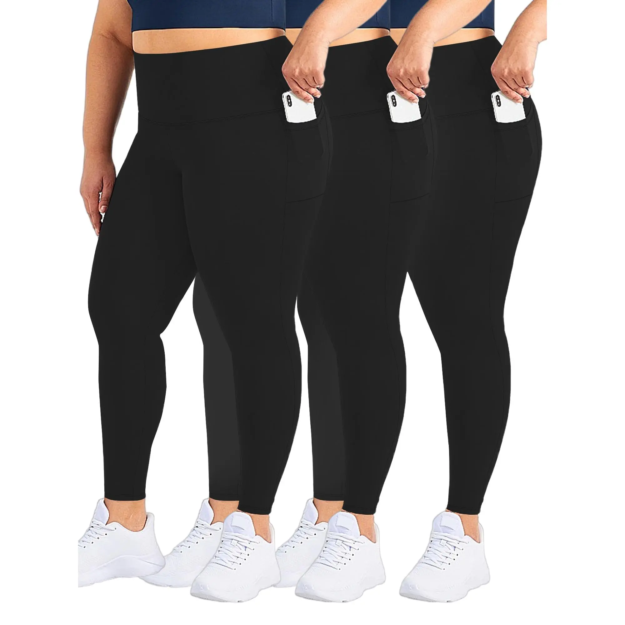 3packs Plus Size High Waisted Side Pocket Leggings for Women Workout Gym Tummy Control Compression Butt Lift Leggings Yoga Pants