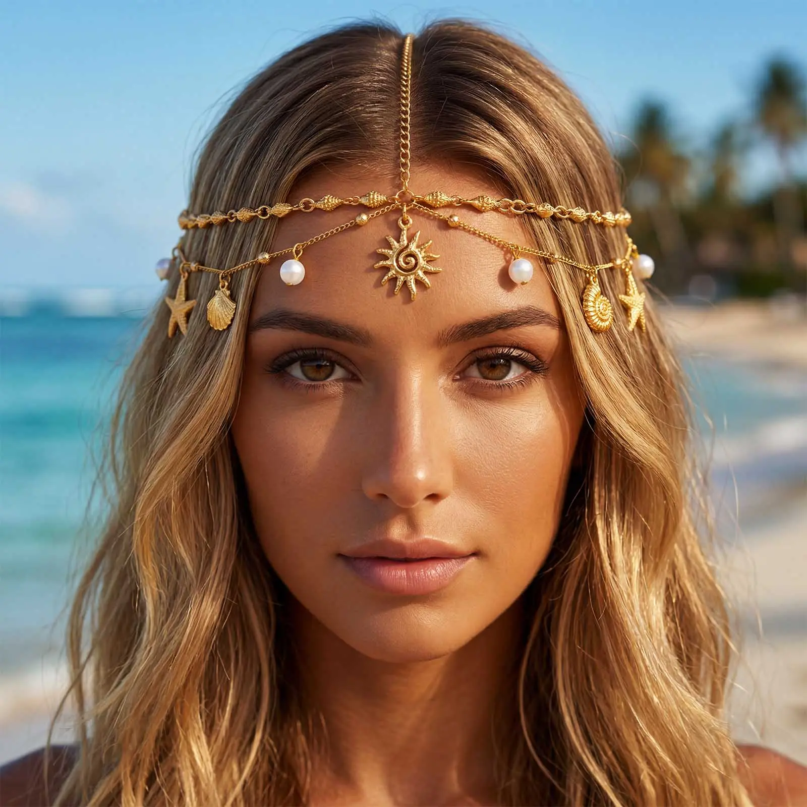 ELABEST Boho Gold Head Chain for Women, Adjustable Beach Forehead Jewelry with Sun Charm & Pearls, Bridal Style Festival Headpiece, Female, Seashell, Bridal Style Headpieces, Elegant